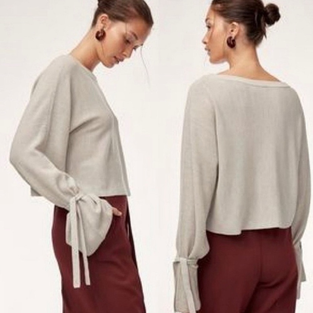 Aritzia Wilfred Emmy Sweater Wool Knit Crop Tie Sleeve Grey Birch Blouse Sz XS